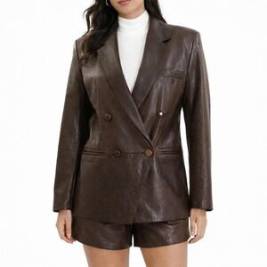90s Vintage Womens Brown Leather Double Breasted Oversized Blazer Jacket Small S